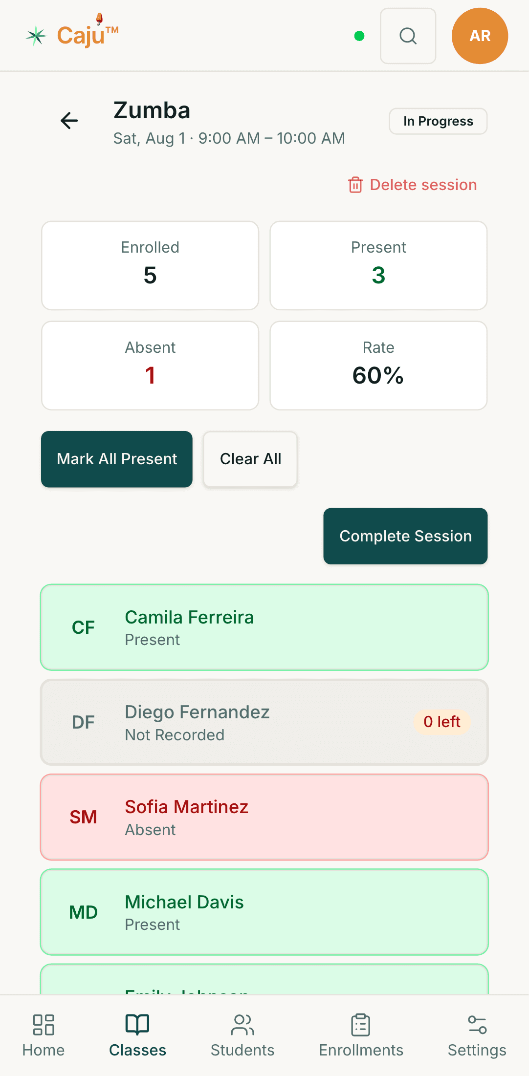 Caju attendance check-in screen for a Zumba class