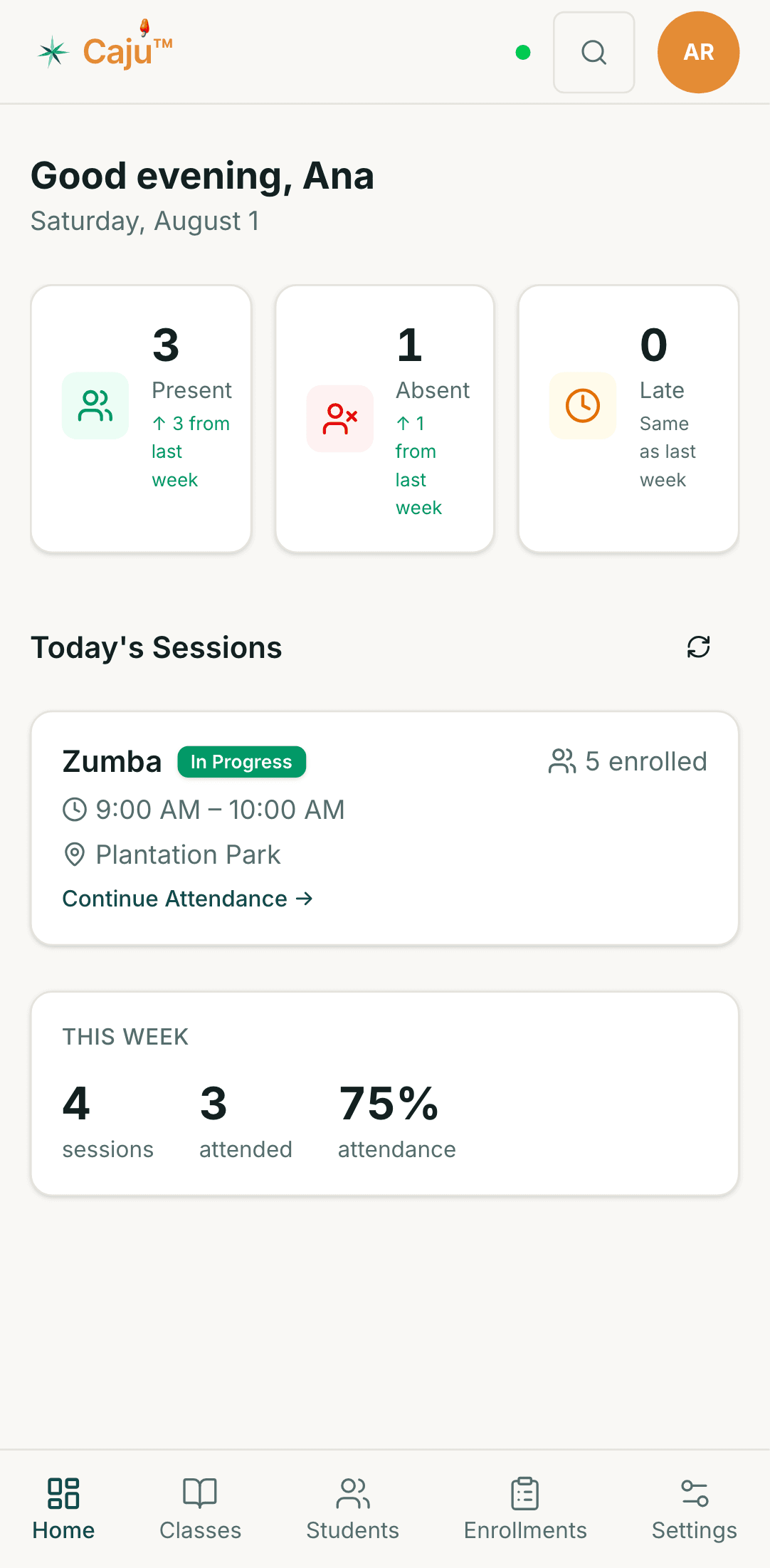 Caju dashboard showing today's sessions and weekly attendance